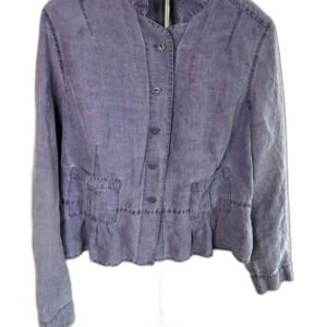 Blue Linen Blend‎ Ruffle Hem Jacket Women's Stand Collar Button Front Coat